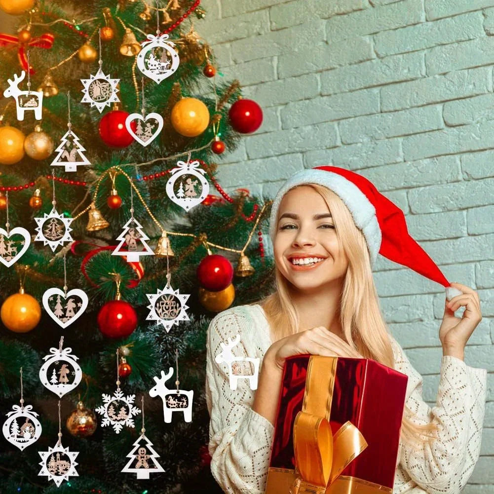 Set of 24 christmas tree ornaments, wooden hanging craft decorations for winter 3D