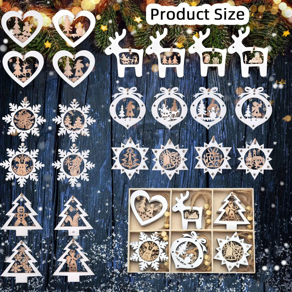 Set of 24 christmas tree ornaments, wooden hanging craft decorations for winter 3D