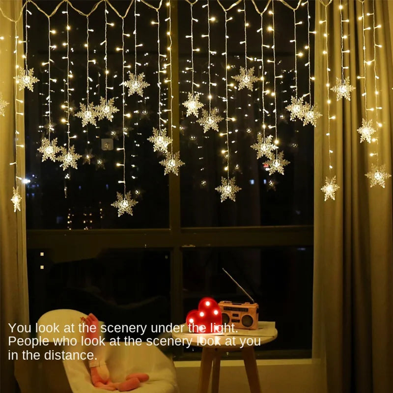 3.2M Christmas Snowflakes LED String Lights Flashing Fairy Curtain Lights Waterproof