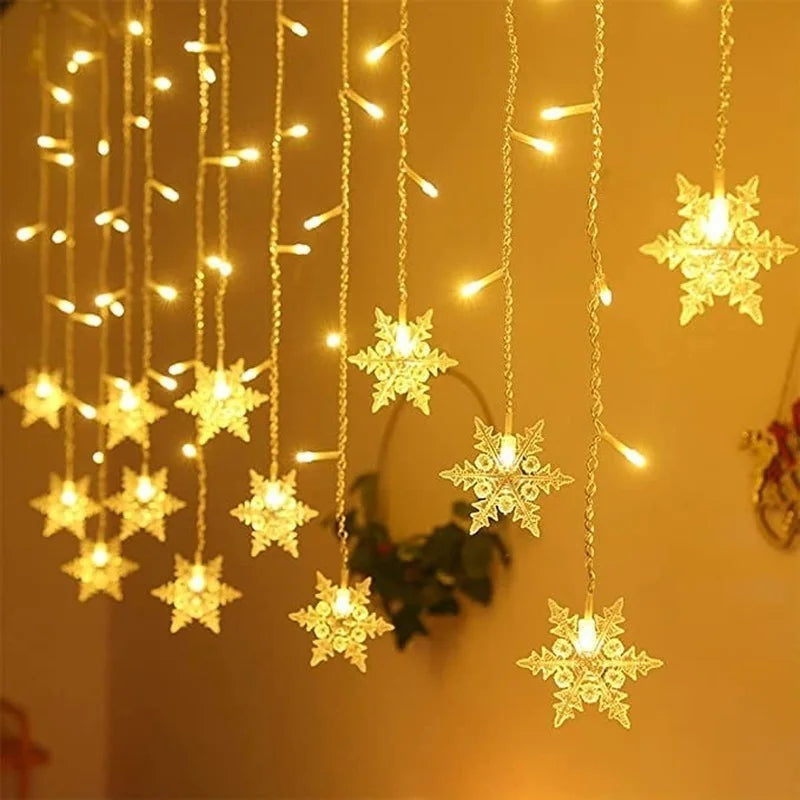 3.2M Christmas Snowflakes LED String Lights Flashing Fairy Curtain Lights Waterproof