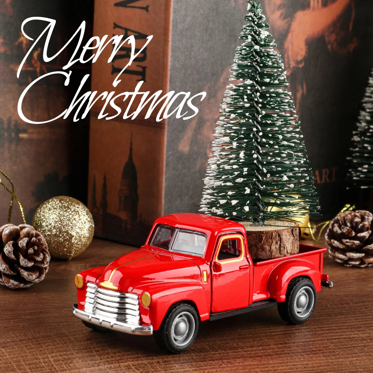 Mini truck+Christmas tree 2-piece ornament set; decoration; living room and office desk
