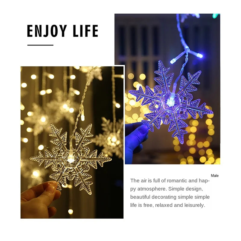 3.2M Christmas Snowflakes LED String Lights Flashing Fairy Curtain Lights Waterproof