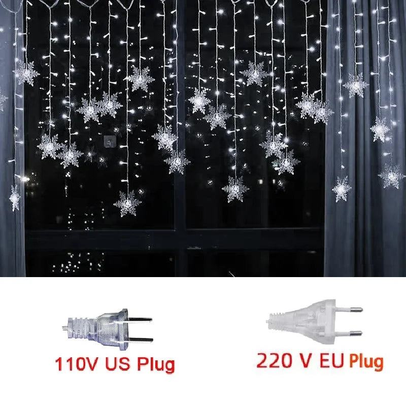 3.2M Christmas Snowflakes LED String Lights Flashing Fairy Curtain Lights Waterproof
