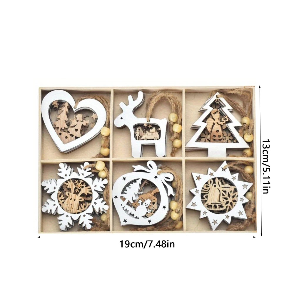 Set of 24 christmas tree ornaments, wooden hanging craft decorations for winter 3D