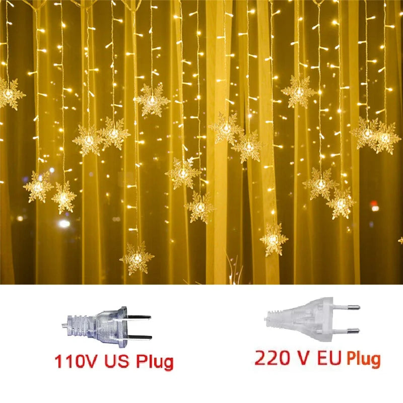 3.2M Christmas Snowflakes LED String Lights Flashing Fairy Curtain Lights Waterproof